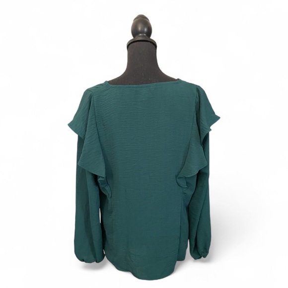 Nine West Hunter Green Button-Up V-Neck Blouse - Picture 2 of 5